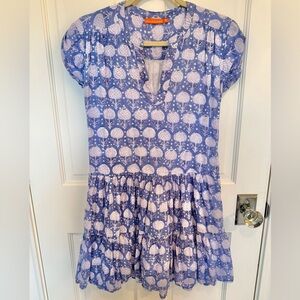 Oliphant periwinkle and lavender mini dress with full skirt and pockets